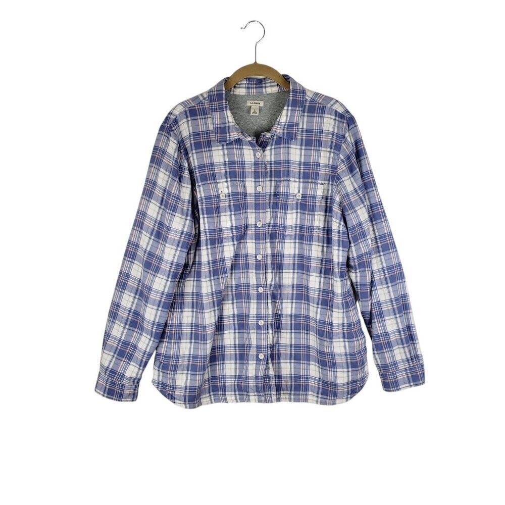 LL Bean Shacket Cotton Lined Button Up Shirt Jacket Purple Plaid Womens Size L